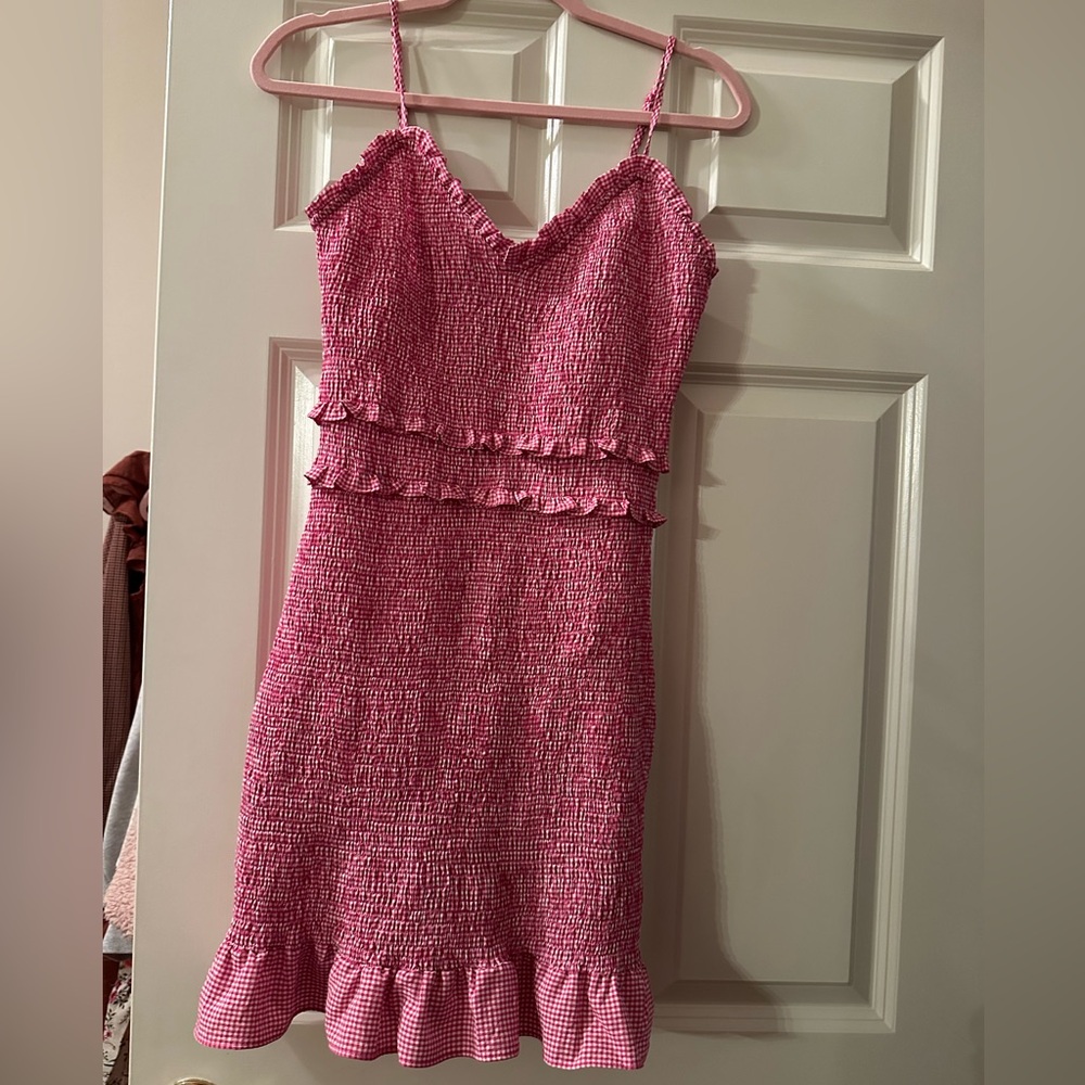 Skies are Blue pink gingham smocked mini dress